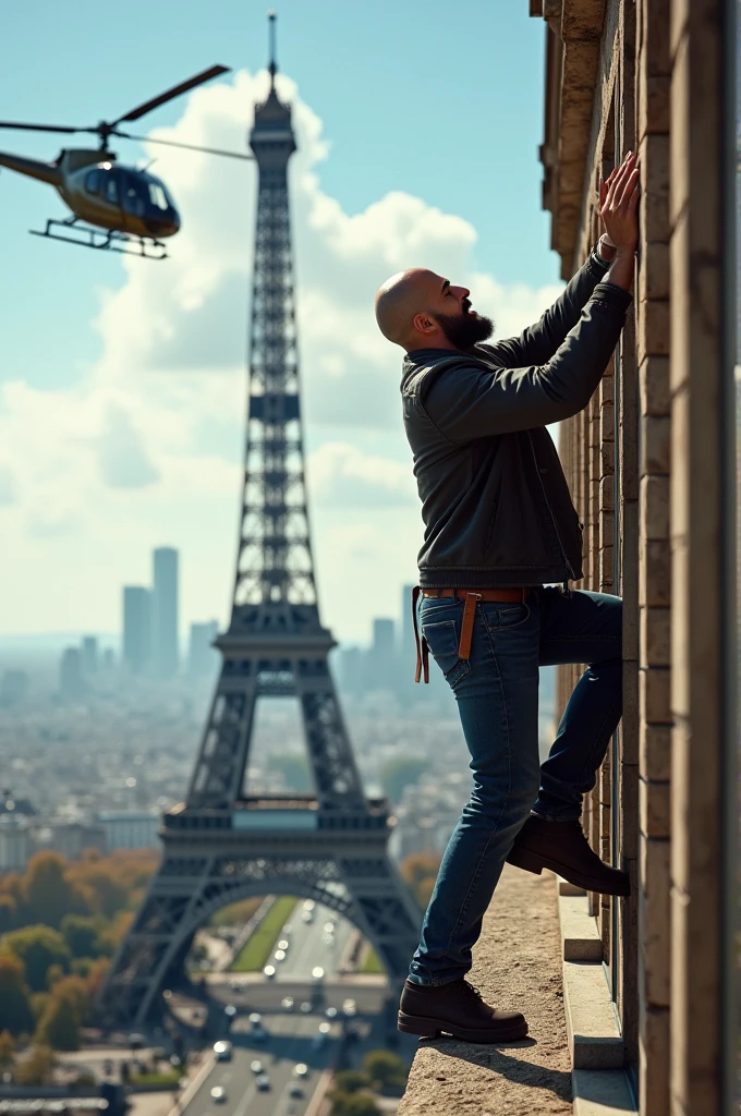 Creates a 3D image of a bald bearded man climbing the Eiffel Tower from the outside in a dangerous manner with a helicopter flying around him in cloudless sunny weather