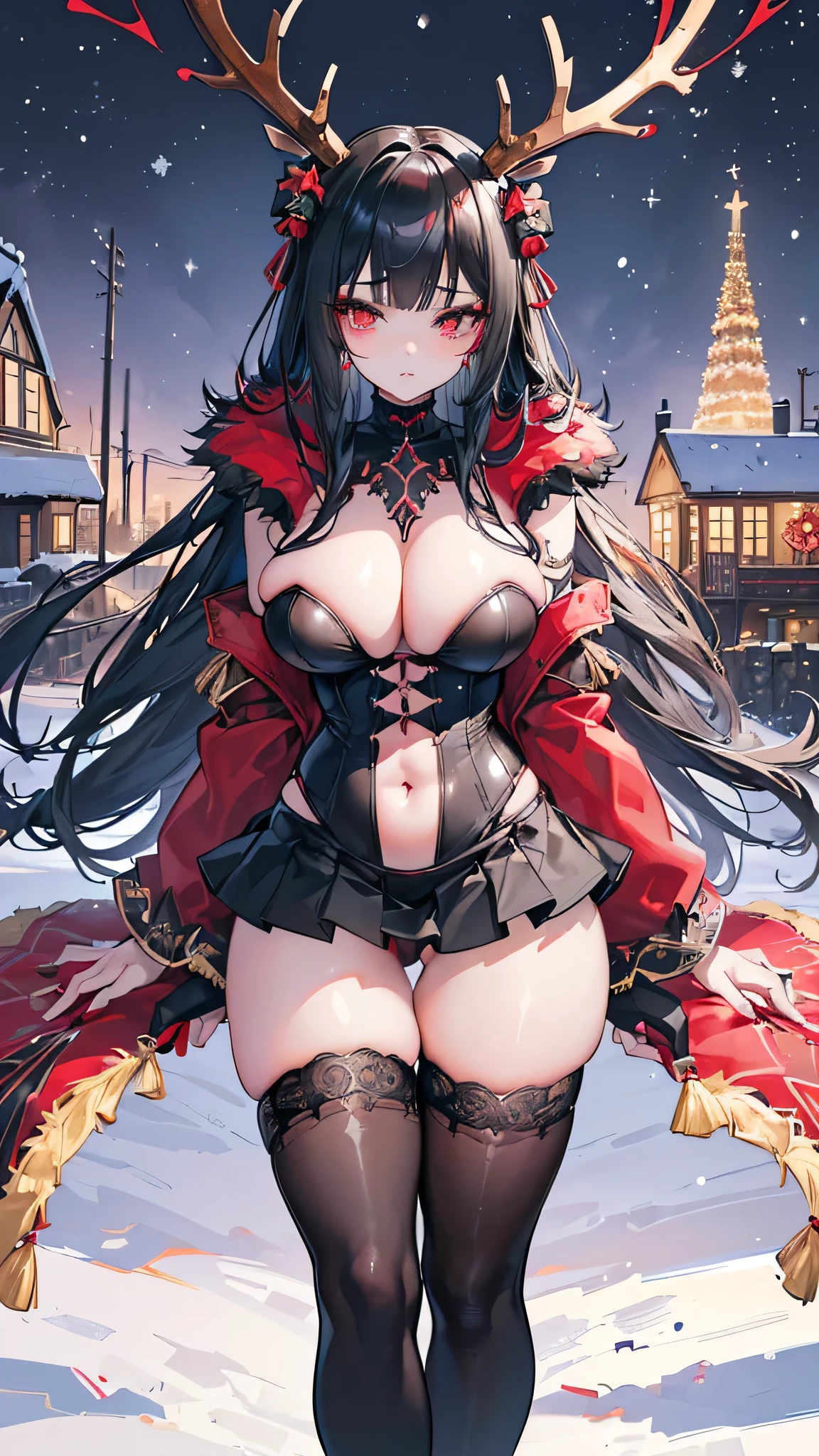 gothic reindeer girl,(((1girl))),((extremely cute and beautiful black haired anime gothic reindeer girl)),

(((anthro furry:1.2),Playboy_Reindeer, reindeer_antlers,(huge antlers:1.5,dear antlers:1.5,blooming antlers:1.5))),(large breasts:1.4),saggy breasts,((((black straight hair:1.35,absurdly long hair,ear breathing)))),(((red_eyes:1.3))),intricate eyes,beautiful detailed eyes,symmetrical eyes,big eyes:1.5,(((lustrous skin:1.5,bright skin: 1.5,skin tanned,shiny skin,very shiny skin,shiny body,plastic glitter skin,exaggerated shiny skin,illuminated skin))),(spider lower abdomen,narrow waist,wide hip,athletic body,inflated legs,thick thighs,detailed body,(detailed face)),

cute,slutty,seductive,erotic,(((nsfw))),

zettai ryouiki,revealing clothing,show skin,(((Sexy goth fur coat, goth fur coat outfit,wearing a goth fur coat:1.3,dark red winter coat))),((red goth mini-skirt,red goth mini skirt with furry edge,visible thong straps, navel)),((underpants strap)),(red gothic clothes,semi-naked,with little goth clothing),((((Black Eyeshadow,Thick Black Eyeliner,Long Dramatic Eyelashes,Black Lips))),(((intricate outfit,intricate clothes,embroidered outfit,ornate outfit))),

(dynamic pose:1.0),embarrassed,(centered,scale to fit dimensions,Rule of thirds),

(((winter town decked out in festive decorations))),(((majestic Christmas tree))),(((sparkling lights over the village))),(((star-topped tree))),(((festive village square))),(((snow))),(((snow-covered scene))),(((winter wonderland))),(((snowflakes))),(((cottages and houses))),(((scenery))),

(Glossy winter ornaments),highres,sharp focus,(ultra detailed,extremely detailed),(photorealistic artwork:1.37),(extremely detailed CG unity 8k wallpaper),(((vibrant colors,vibrant theme))),(intricate),(masterpiece),(best quality),
