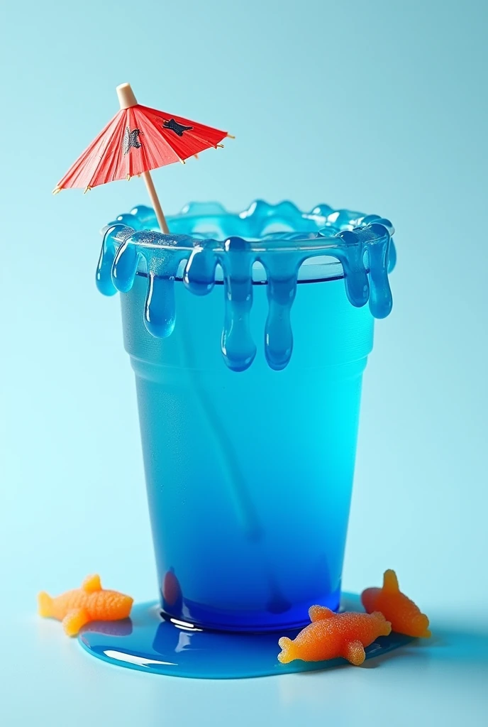 A clear plastic cup with blue chamoy on the edges and blue liquid inside.
Make the chamoy more abundant and let it drip more., add decoration like a mini umbrella and stick with shark gummies