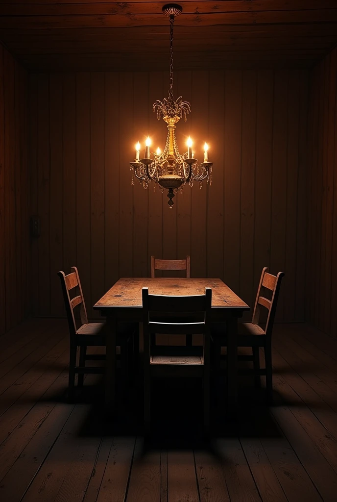 Image of a completely dark room with a wooden floor, wooden walls and a dining room in the middle. The room is only lit by a chandelier in the middle of the dining room., The dining room is made of old wood.
Give me the one without a window, completely dark, only lit by the chandelier above the dining table.