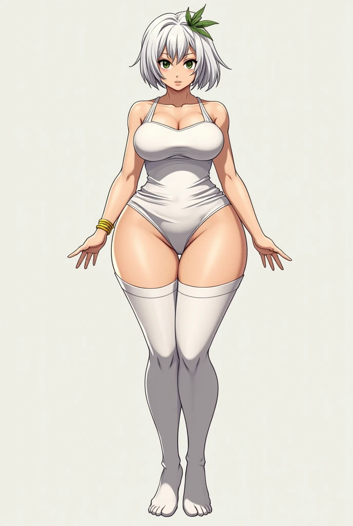 My Hero Academia,Female gender,white hair with a single plant on the head, black eyes with yellow star pupils,short hair with a masculine cut, a lot of chestiness,feminine,Whole body,large hips and thighs, E cup bust,white tank top,white and long stockings,barefoot,Short negro