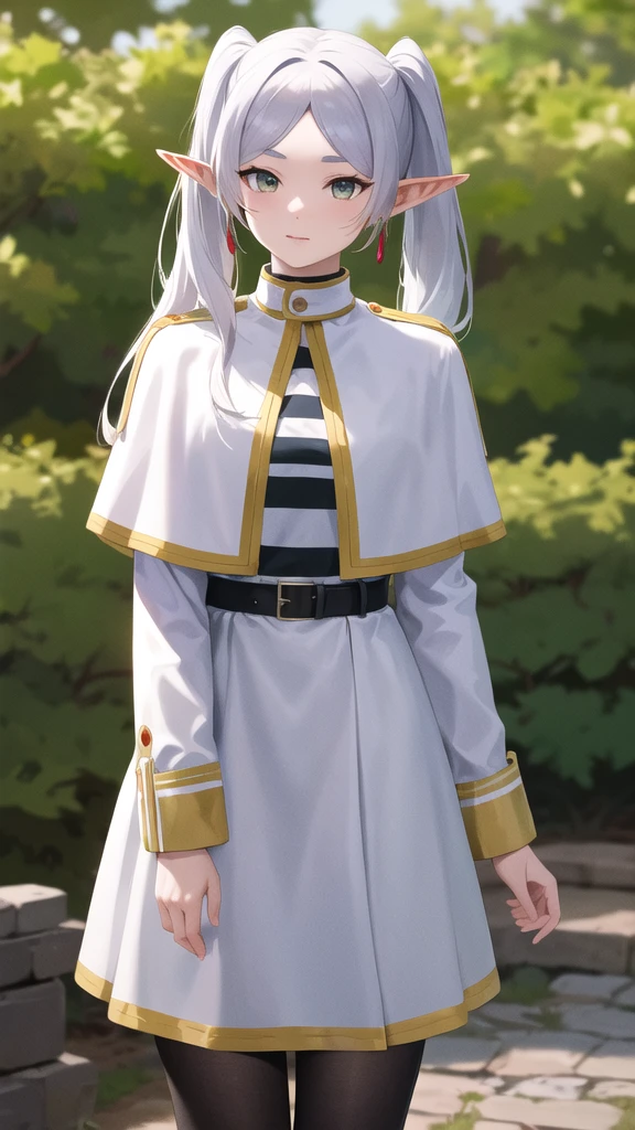 masterpiece, best quality, highres, aafrie, long hair, white hair, twintails, pointy ears, earrings, thick eyebrows, white capelet, striped shirt, long sleeves, belt, white skirt, black pantyhose , standing, cowboy shot, outdoors,