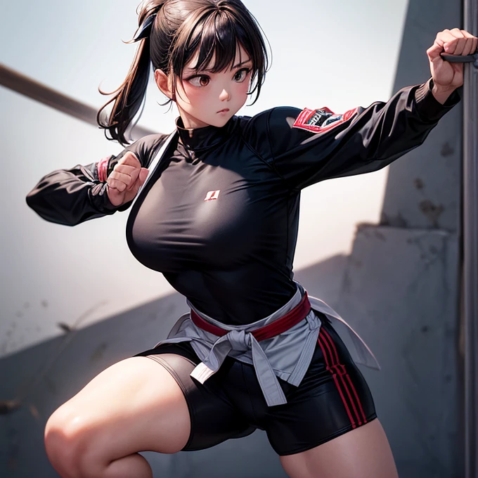 Wearing a karate uniform over a black, form-fitting, high-cut bodysuit.、Woman doing karate