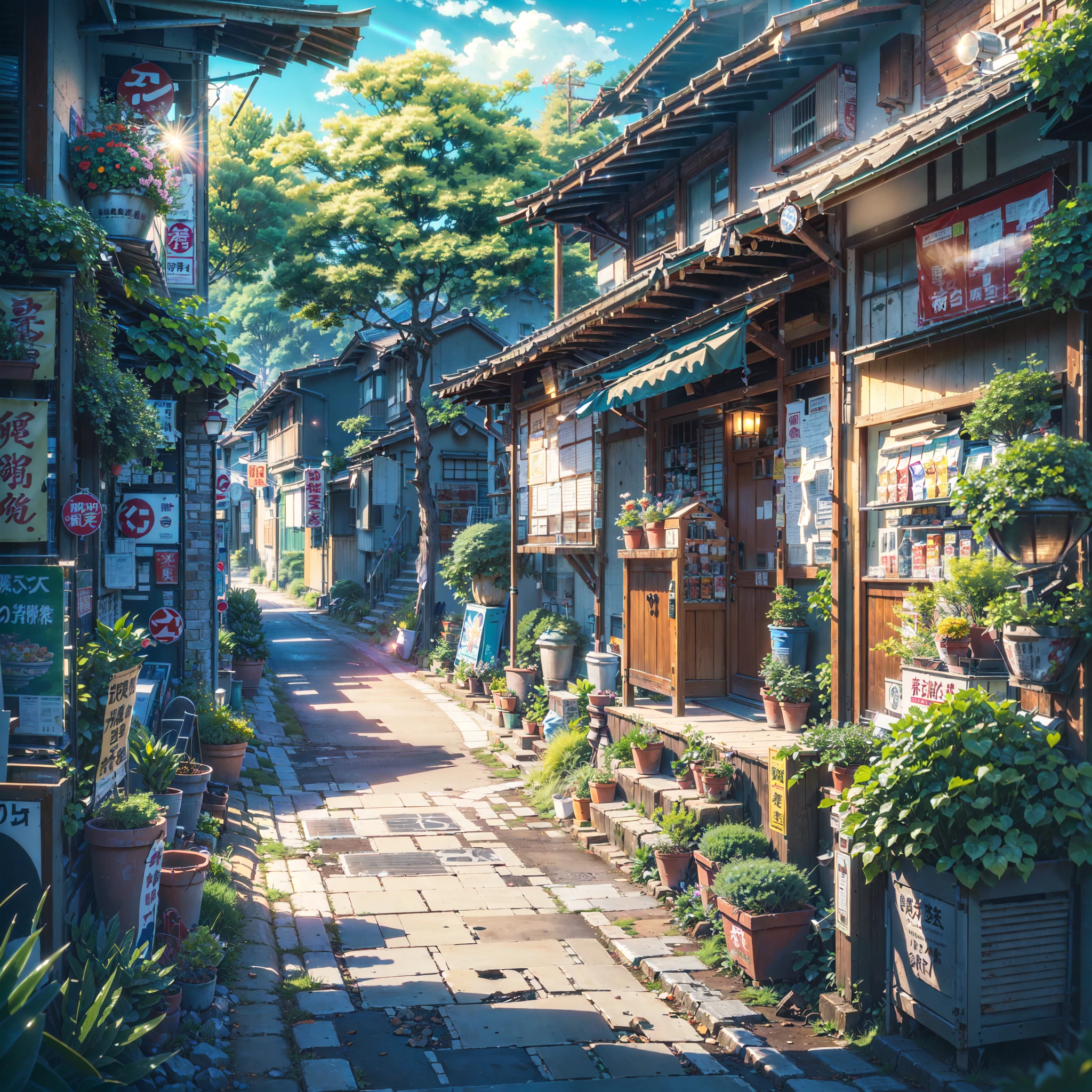 anime scenery of a street with a path and a house, high detail, anime, anime style, sparkle, cinematic lighting, god rays, glowing light, reflection light, close-up, lens flare, masterpiece, high details, best quality, super detail, high quality, anime background, anime wallpaper, sunny weather, bright blue sky, dramatic lighting, (((anime scenery of a street with a path and a house))), ((countryside)), ((rural)), (japanese shop signs), (japanese signs), (japanese banners), (banners), (plant pots), (plants), (trash cans), (vending machine), ((night time)), (((no one))), (((no people)))
