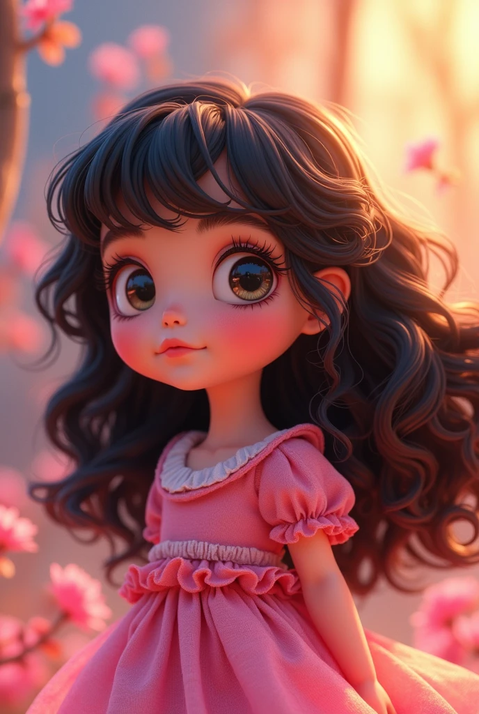 Cartoon anime doll hair dark brown wavy mane face pink dress and colors full profile face side