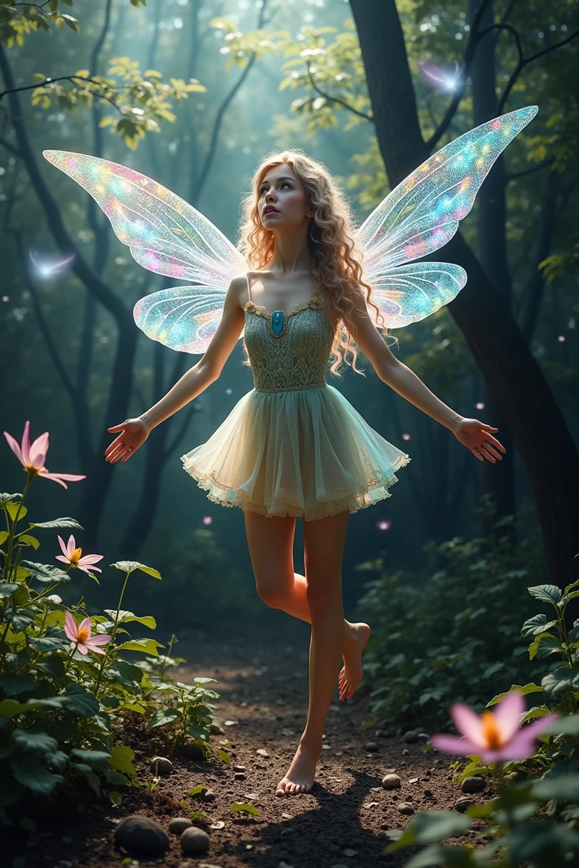 In a surreally ethereal presentation, an otherworldly fairylike holographic display exudes an uncanny charm. This mesmerizing image, reminiscent of a digital painting, showcases a captivating scene of a lush forest bathed in an otherworldly glow. The holographic fairies, shimmering with a myriad of vibrant colors, flit gracefully amidst the foliage, their delicate wings reflecting the light in a breathtaking manner. The intricate details and impeccable craftsmanship of this high-quality concept art leave viewers in awe, immersing them in a wondrous realm where fantasy and technology converge.