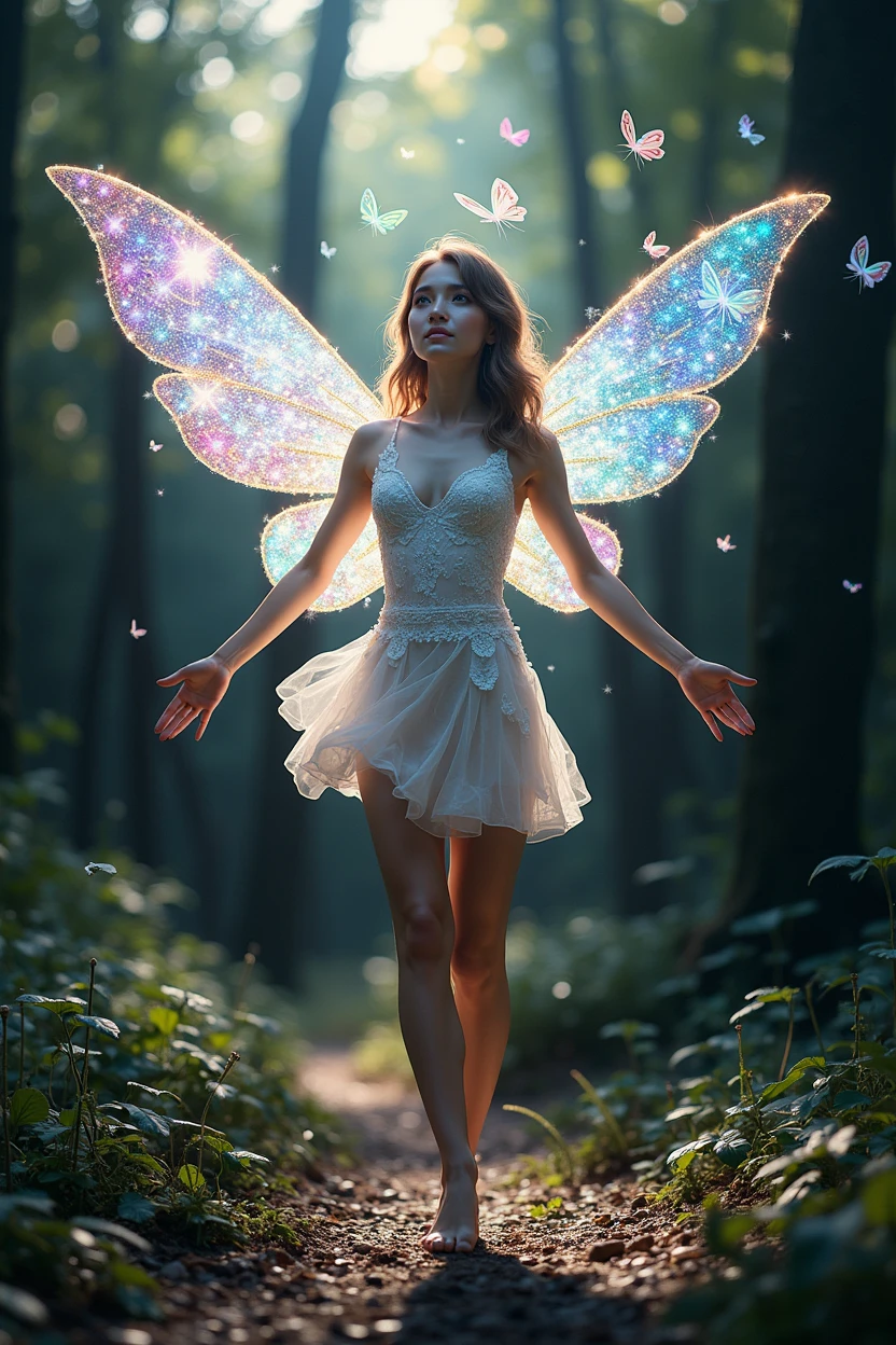 In a surreally ethereal presentation, an otherworldly fairylike holographic display exudes an uncanny charm. This mesmerizing image, reminiscent of a digital painting, showcases a captivating scene of a lush forest bathed in an otherworldly glow. The holographic fairies, shimmering with a myriad of vibrant colors, flit gracefully amidst the foliage, their delicate wings reflecting the light in a breathtaking manner. The intricate details and impeccable craftsmanship of this high-quality concept art leave viewers in awe, immersing them in a wondrous realm where fantasy and technology converge.