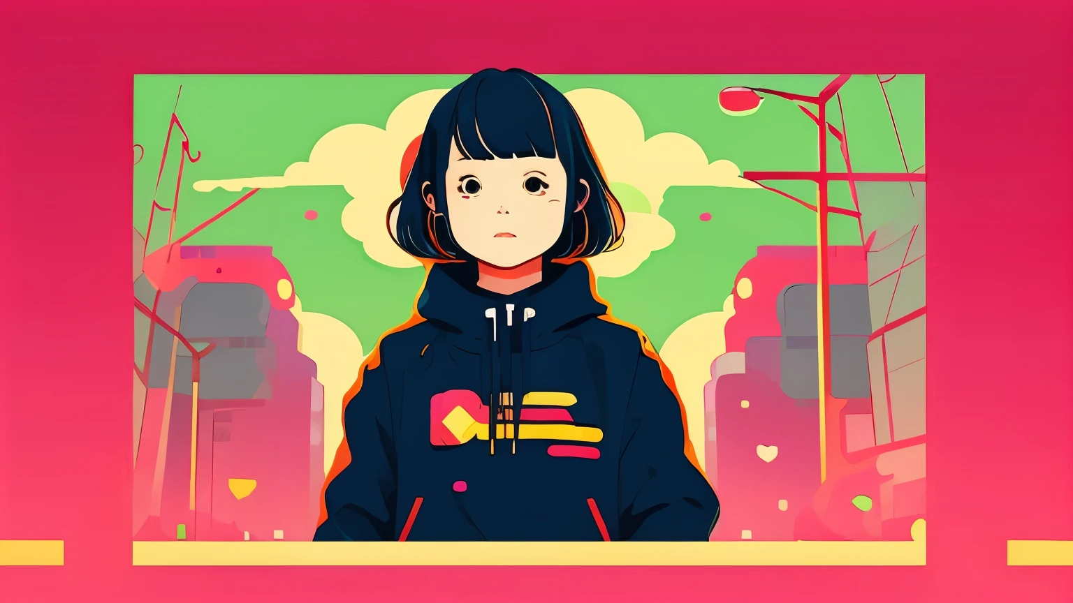 clean、Minimalist、Vector art、gradient cake scary hair、whiteいテックウェアの服、Tactical clothing（orange、white）、strong stroke around image、simple and abstract design paper cute background、Solid color background、Or pastel colors、