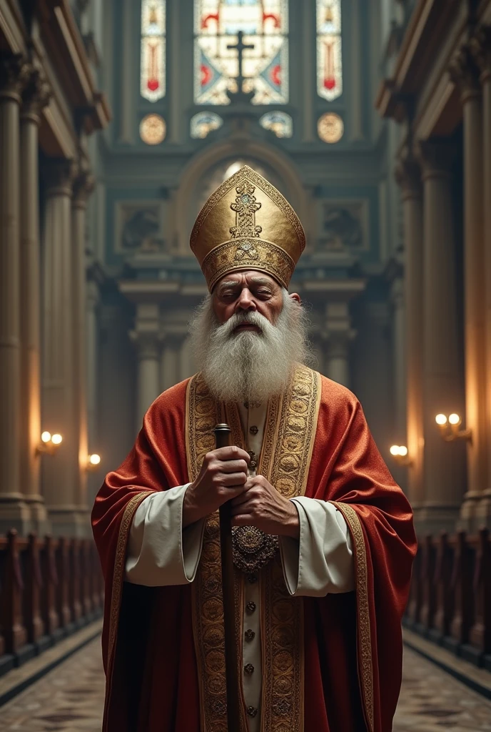 (photorealism:1.2), old man, big bishop, roman church, blindfold, blind man's cane