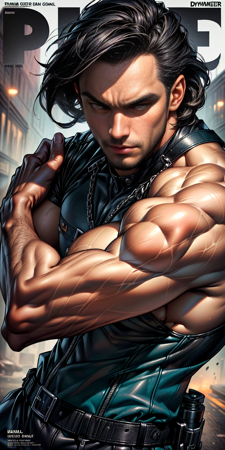 realist:1.3,( fotorrealist, 8k, RAW Photos, Premium quality, masterpiece, epic lighting. close up, Centered image), (foreground),((1 handsome and muscular man, police dress, Perfectly detailed face and body, (foreground), for the cover of Heavy Metal magazine, dynamic pose, beautiful and detailed hair, Leather Clothes))