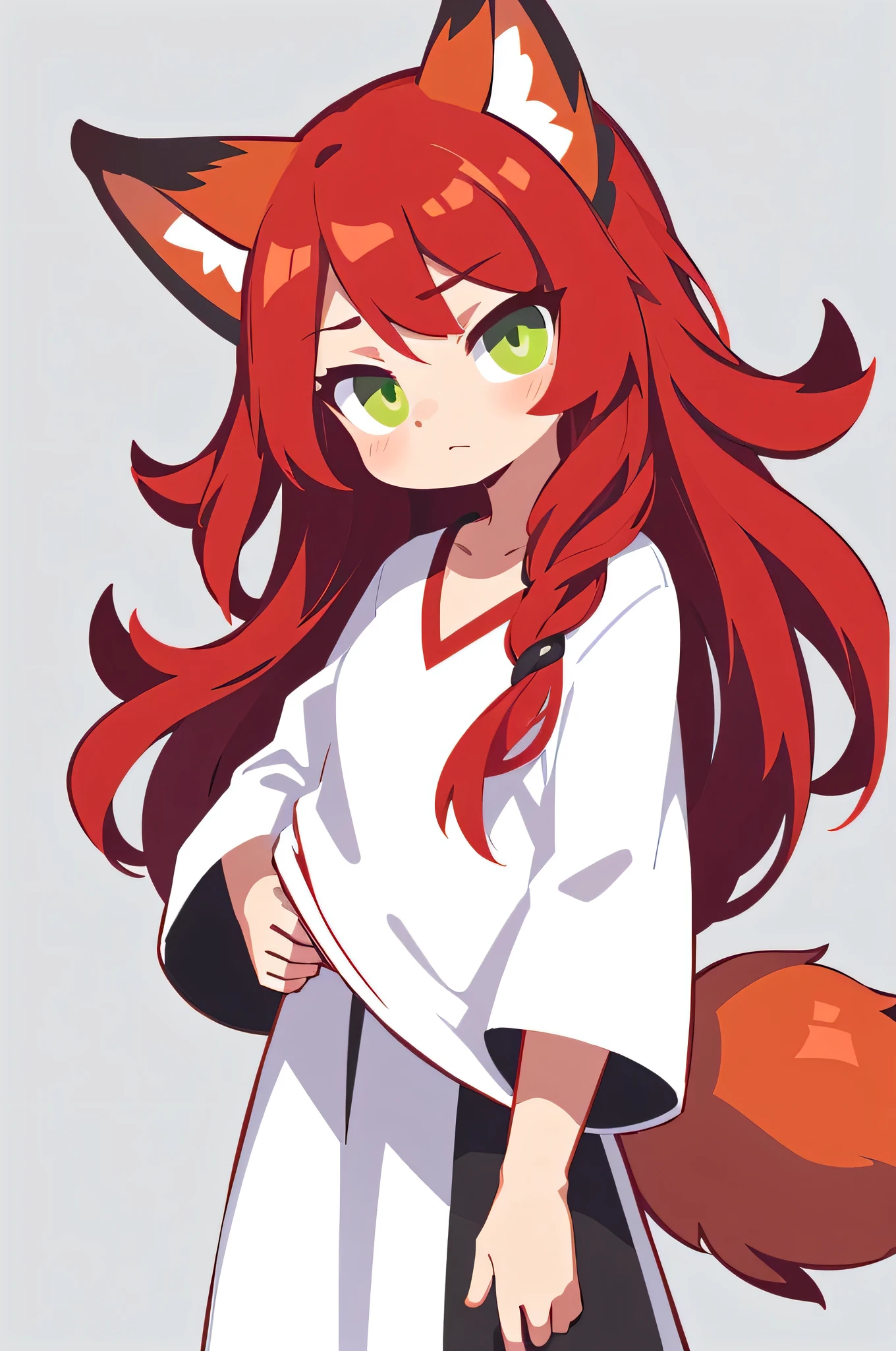1girl, ((detailed)), red hair, long hair, green eyes, detailed eyes, arrogant expression, red fox ears, red fox tail, white clothes, simple clothes, simple style, simple background, flat colors