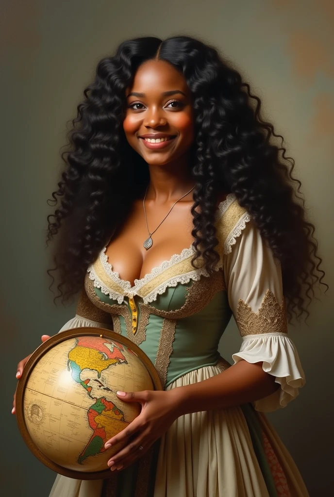 A short, slightly chubby Black woman with long, curly hair, wearing regency clothing, holding a globe in her hand. 