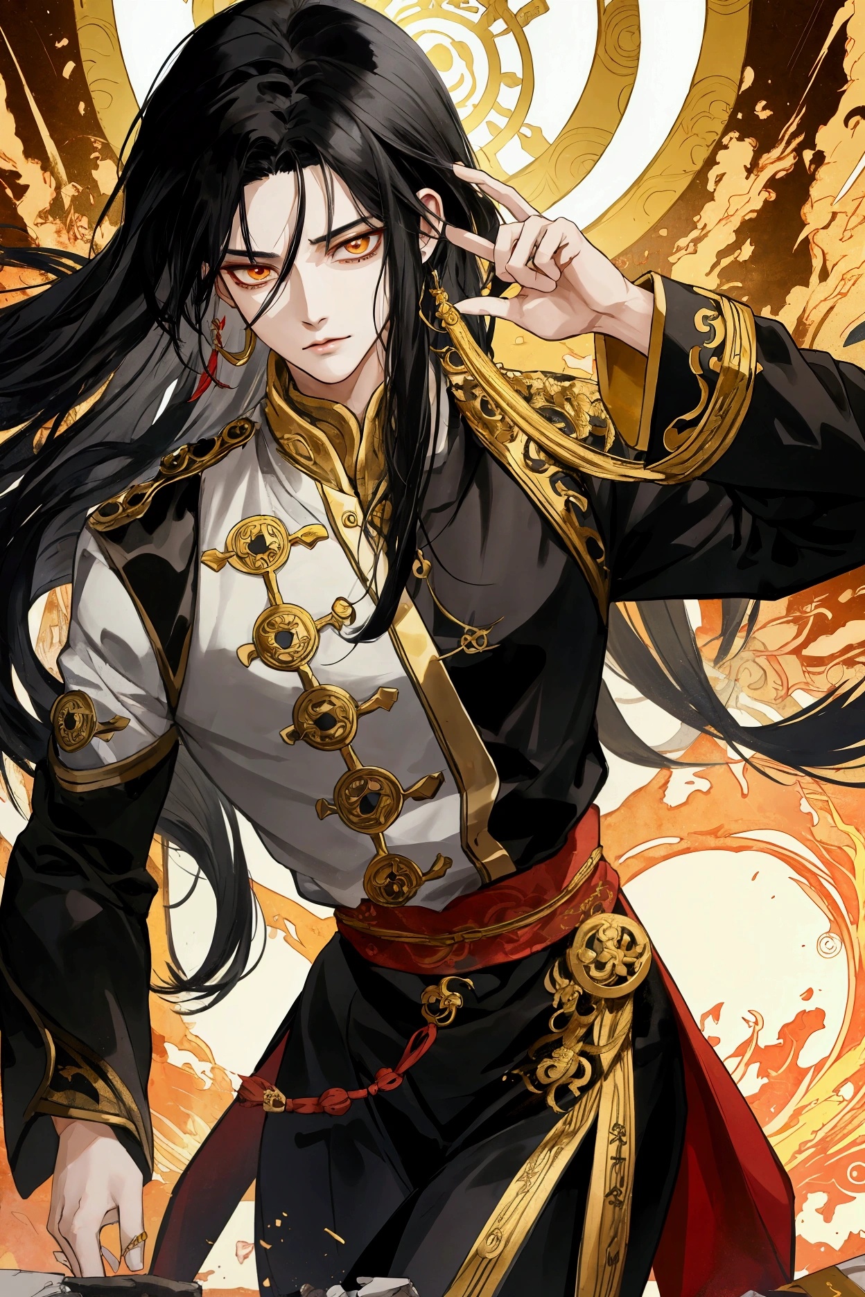 God, blackhair, gold eyes, middle-aged, length hair, graceful, dangerous, Antiquity, tao, Anime Style