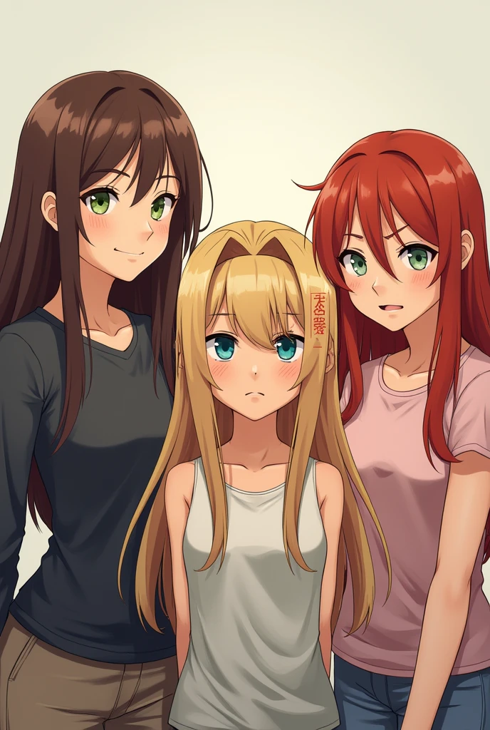 Three girls: the first one, brunette, has straight long hair, green eyes and a smile. The second one is a blonde, she has wavy long hair and hairbang, she is serious and have blue eyes. The tird one is a redhead, she has freckles and grey eyes. She is angry.