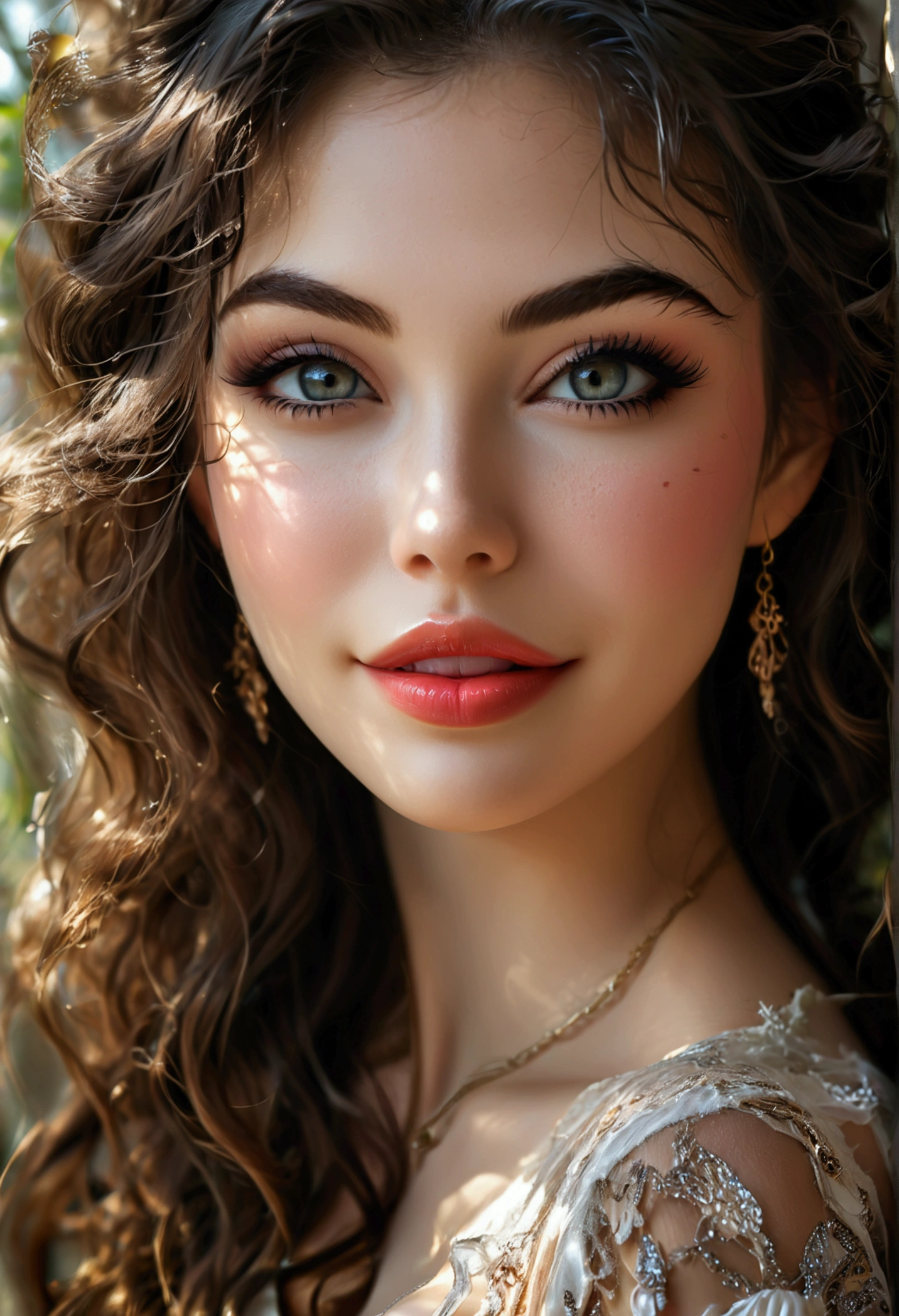 Create an image of a stunningly beautiful perfect fantasy girl, Stunningly gorgeous beautiful perfect sexy face, perfect makeup, lipstick, curved eyebrows, long luscious eyelashes, black eyeliner, long luscious hair, smiling teeth showing, craxy eyes, curved hour glass body figure, gigantic natural breats, showing clevage