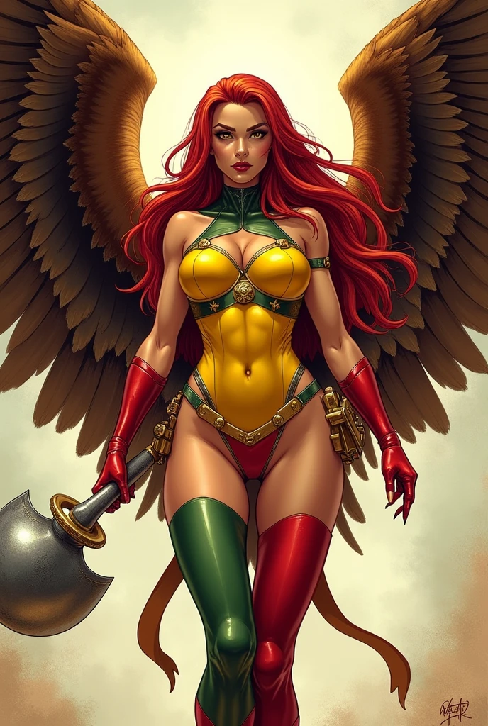 The Thanagarian warrior Chay-Ara, alias Hawkgirl, original costume of the Hawk girl, yellow corset with red and green leggings, red boots, large brown wings, long red hair, Mace of Justice, Justice League, DC Comics