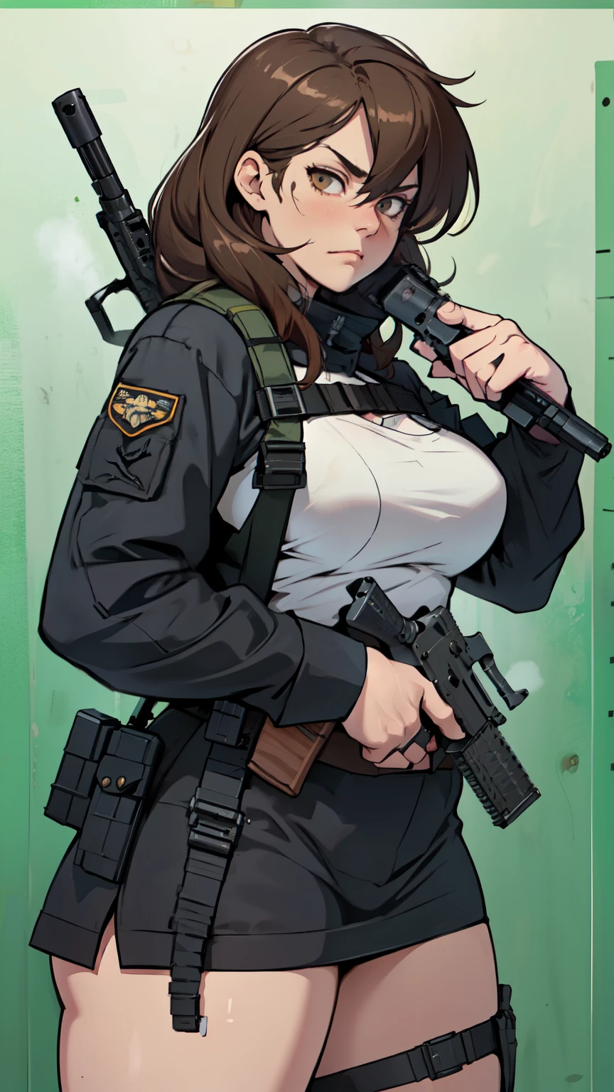 brown hair hazel eyes solo muscular girl toned body perky breasts empty eyes frown thick pale skin ((shooting range weapon gun firearm tactical gear shooting range weapon gun firearm tactical gear shooting range weapon gun firearm tactical gear))