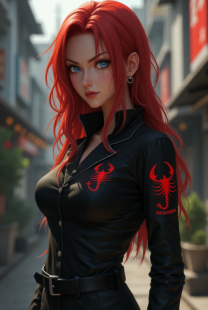 Slender girl with a well-toned body, white tea, long, wavy red hair down to the shoulders, silver blue eyes, Irritated facial expression, Japanese gang uniform in black with a red scorpion emblem on the back and 'レッドサソリ' on the sleeves