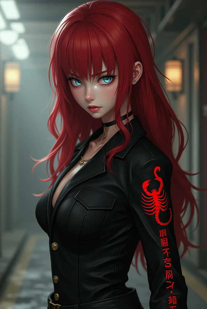 Slender girl with a well-toned body, white tea, long, wavy red hair down to the shoulders,  silver blue eyes, Irritated facial expression, Japanese gang uniform in black with a red scorpion emblem on the back and 'レッドサソリ' on the sleeves 