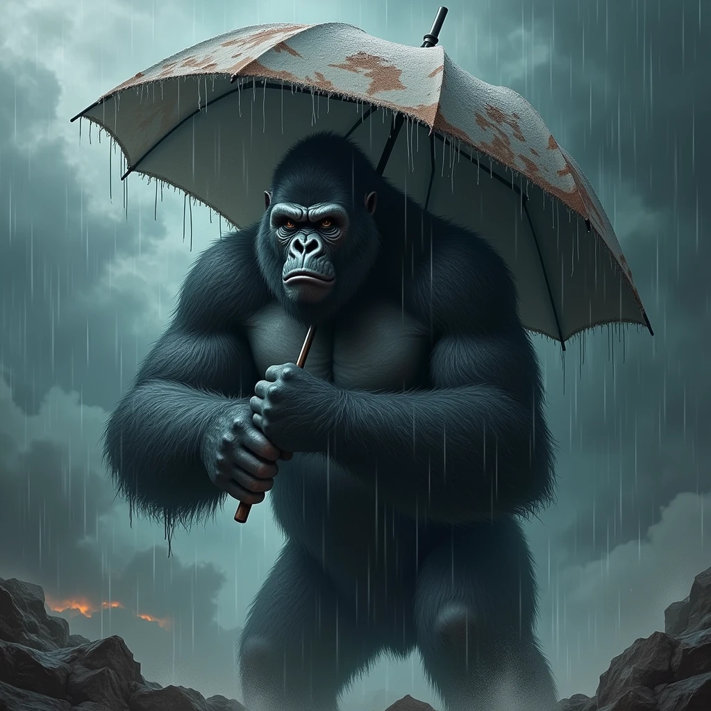 In a storm、A gorilla desperately holding an umbrella to endure the rain.、