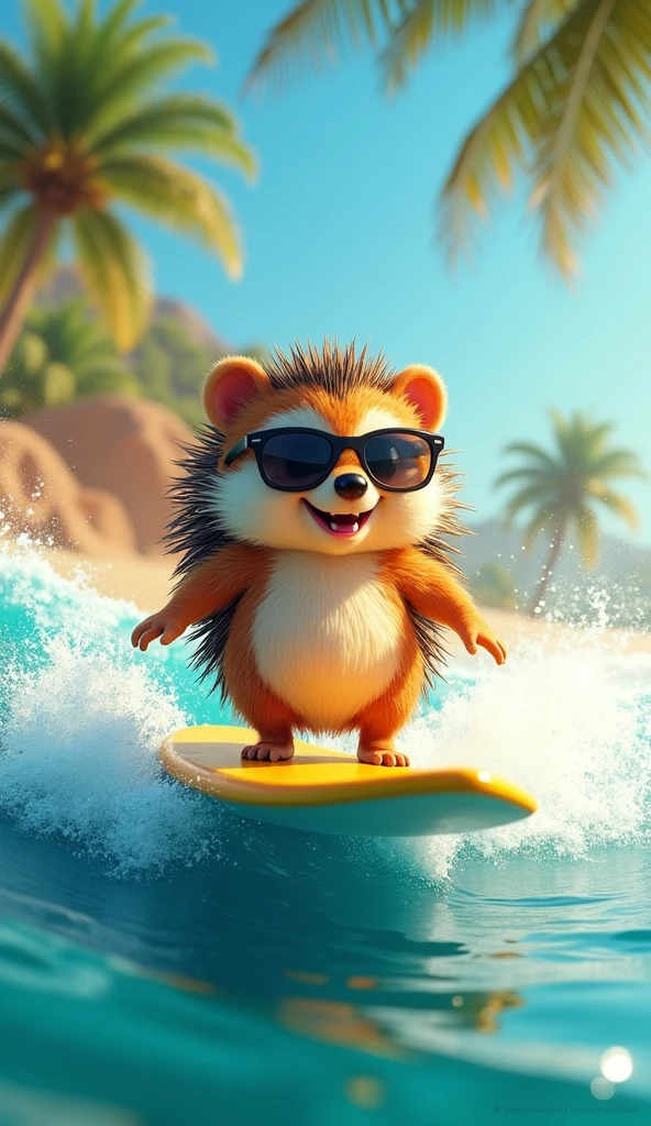 A cute and slightly chubby hedgehog character, wearing stylish sunglasses, is confidently surfing the waves. The hedgehog balances skillfully on a bright surfboard, its round body adding an extra touch of charm as it rides the crest of a turquoise wave. With a joyful grin and a relaxed posture, the hedgehog’s sunglasses glint in the sunlight, giving it a cool and laid-back vibe. The ocean sparkles around the hedgehog, and in the distance, palm trees and a golden beach set the perfect tropical backdrop. This playful scene captures the hedgehog’s adventurous spirit and love for fun, making its surfing moment both adorable and unforgettable.