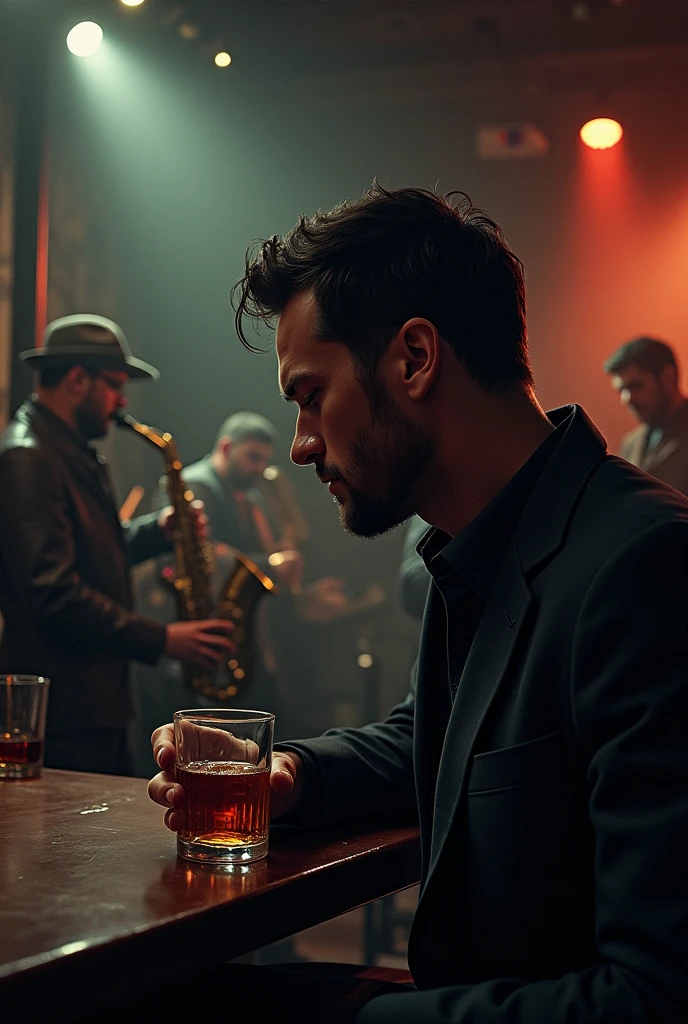 sad man, drinking whiskey while others play jazz