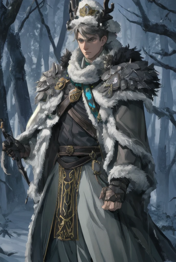 Handsome russian man. He is tall. Has muscular build. Gray shiny eyes (nearly white). Gray eyes. Spiky short degraphed hair. Dark brown (slightly green) hair tone. Wears a fur mantle (brown). Metallic purple baggy pants. He is a russian druid. Manly face, masculine face, shaved. Muscular. Spiky short degraphed hair (like a military russian). Gray eyes. He is in a creepy dark forest. Shiny gray eyes. Fur mantle. Has a stag skull as a hat. Druid.
