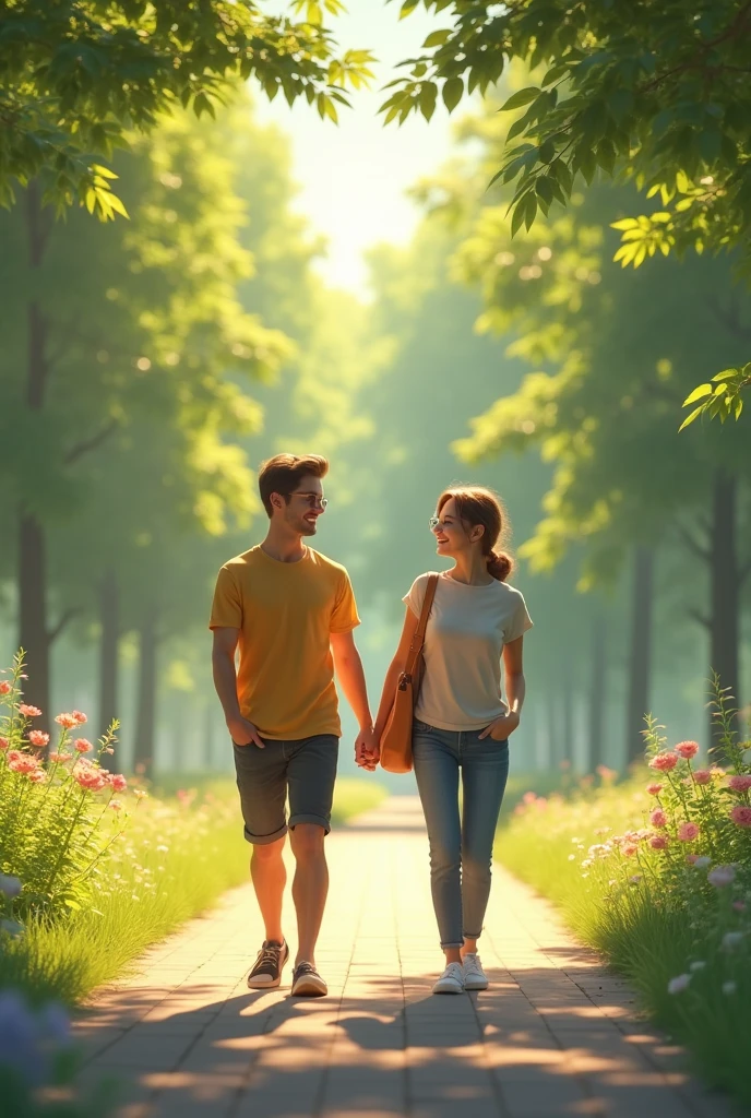 park, Sunnyday. They smile at each other, while they walk together
