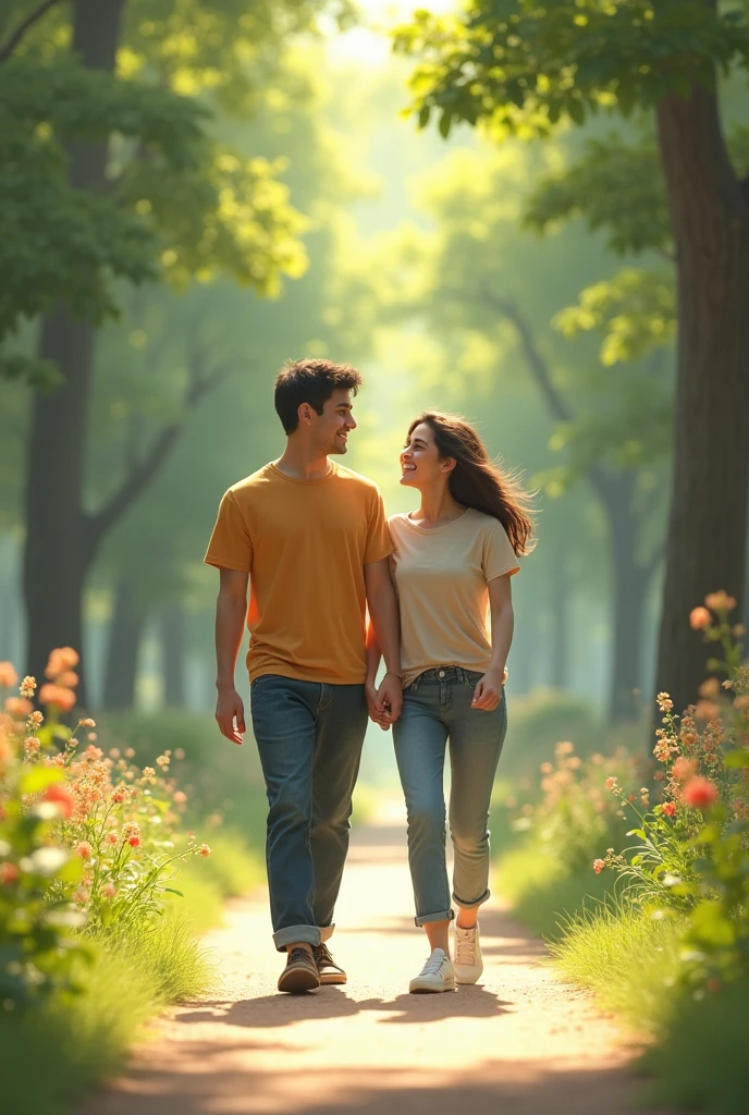 park, Sunnyday. They smile at each other, while they walk together