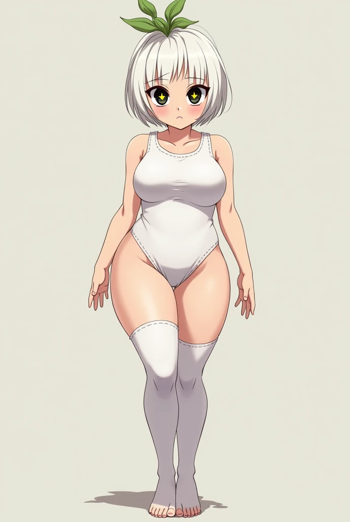 My Hero Academia,Female gender,white hair with a single plant on the head, black eyes with yellow star pupils,short hair with a masculine cut, a lot of chestiness,feminine,Whole body,large hips and thighs, E cup bust,white tank top,white and long stockings,barefoot,Short negro,innocent girl