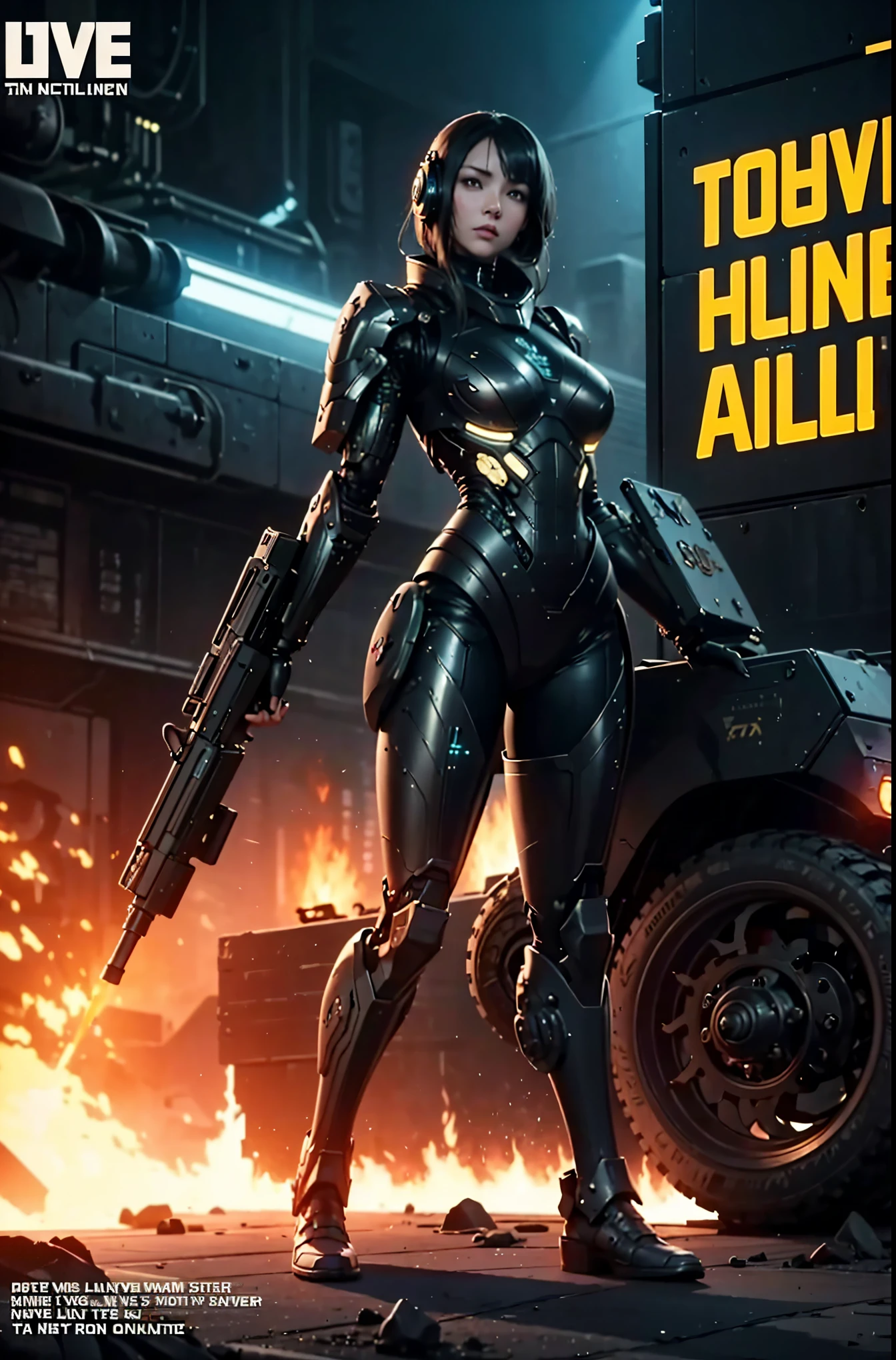 Armored tank and Lovecraftian gal, huge tank military style, キャタピラ, sexy cyborg body part, gal lift up tank and moving, magazine cover, poster art , Lovecraftian creative creatures, hint of vibrant, bold huge text, matted design layout. technological elements, cosmic dread, noise background