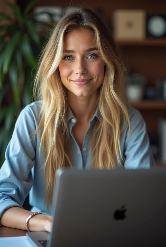 une belle fille aux longs cheveux blonds, suedoise, yeux détaillés bleu, nez, et les lèvres, porter une tenue professionnelle, assise dans son bureau, ordinateur HP (Meilleure qualité,4k,8k,haute résolution,chef-d'œuvre:1.2),ultra-détaillé,(Réaliste,photoRéaliste,photo-Réaliste:1.37),HDR,éclairage de studio,visage et corps extrêmement détaillés, portrait,Éclairage cinématographique,Éclairage dramatique,tons de couleurs chaudes,couleurs dramatiques