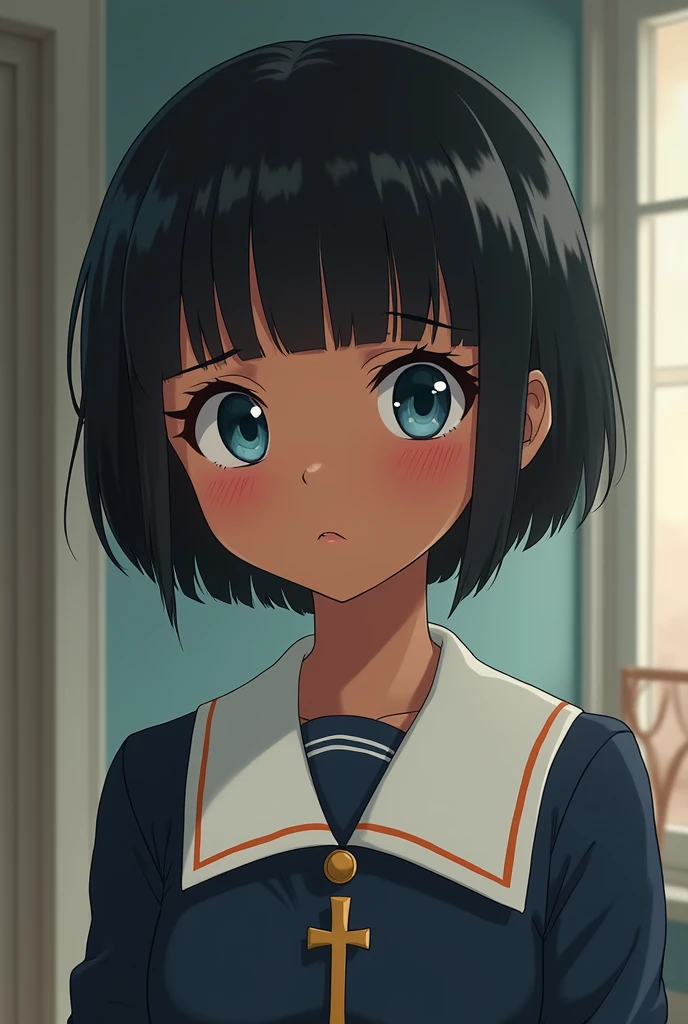 Black-skinned anime girl retro
short pixie cut above the ears, black , slim, blue-eyed, short stature, Catholic school uniform,
annoyed