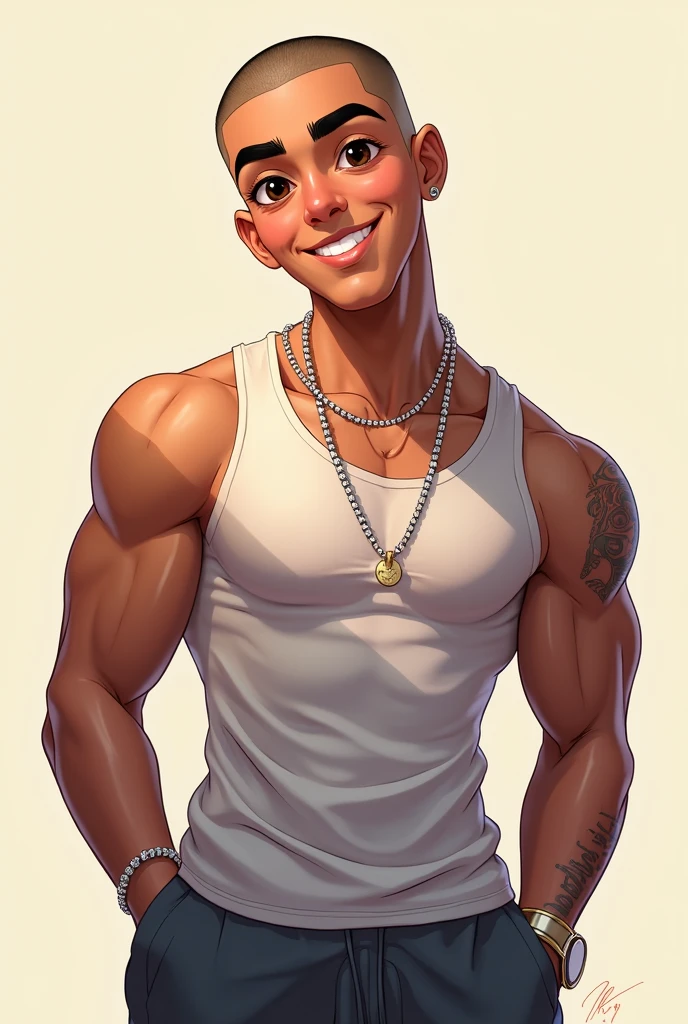 2d illustration of a young guy whit Shaved black hair, pronounced eyebrows, expressive brown eyes and a sincere, open and flirtatious smile. Dressed in a tight gym shirt and baggy sweatpants, with thin diamond chains around his neck