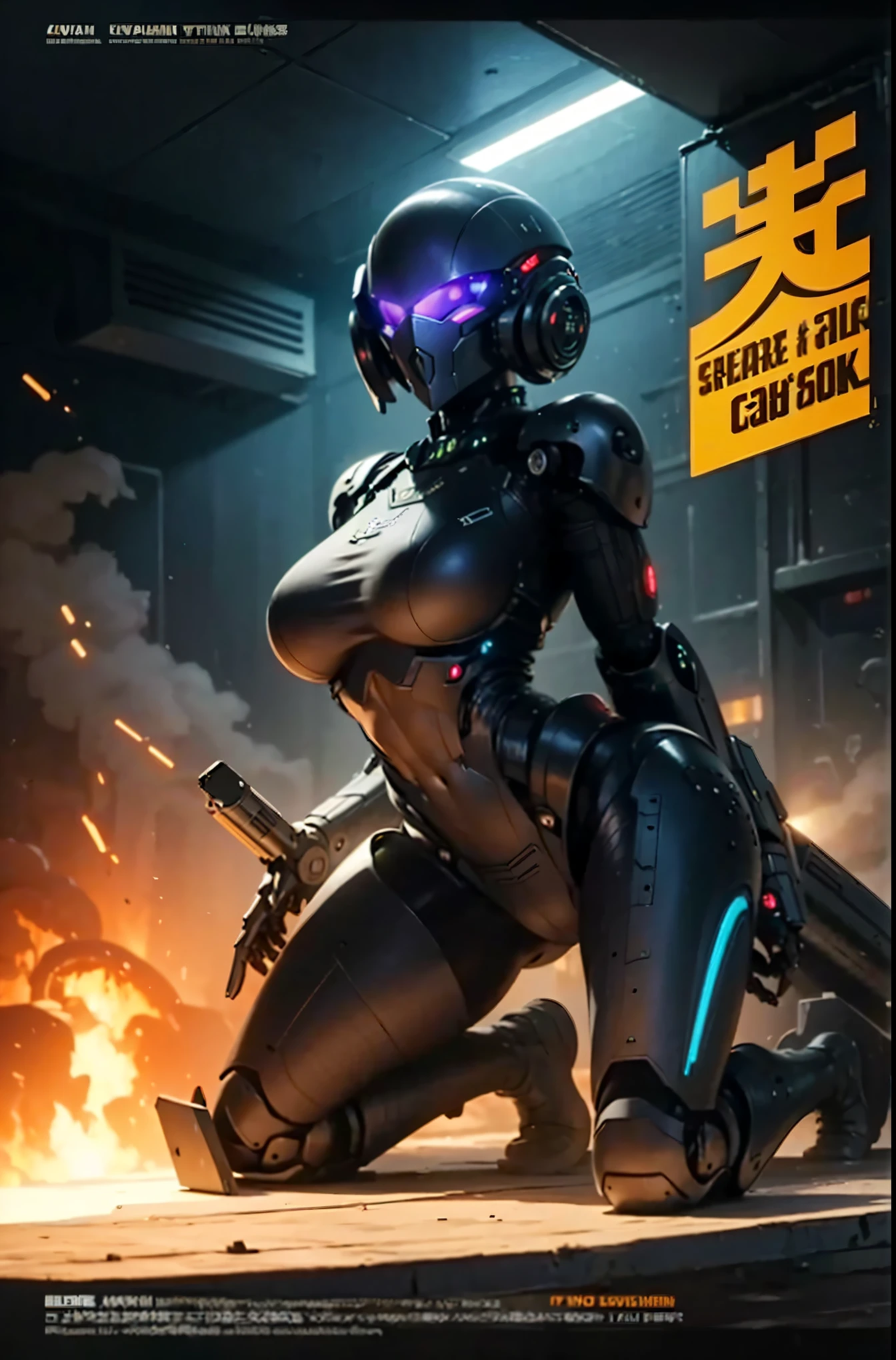 Armored tank and Lovecraftian gal, huge tank military style, キャタピラ, sexy cyborg body part, gal lift up tank and moving, magazine cover, poster art , Lovecraftian creative creatures, hint of vibrant, bold huge text, matted design layout. technological elements, cosmic dread, noise background