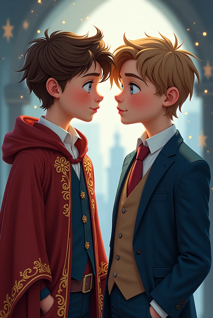 A book cover showing a brown-haired boy with freckles, dressed as a wizard and a boy with light brown hair and blue eyes, dressed like a businessman. And that as a title it says: Witcher&#39;s love. 