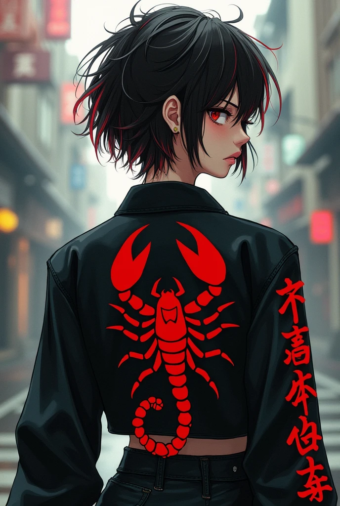 Slim girl with a well-worked body of white skin, messy short dark brown hair with red streaks, red eyes, Irritated facial expression. Japanese gang uniform in black with the emblem of a red scorpion on the back, and on the sleeves it says レッドサソリ