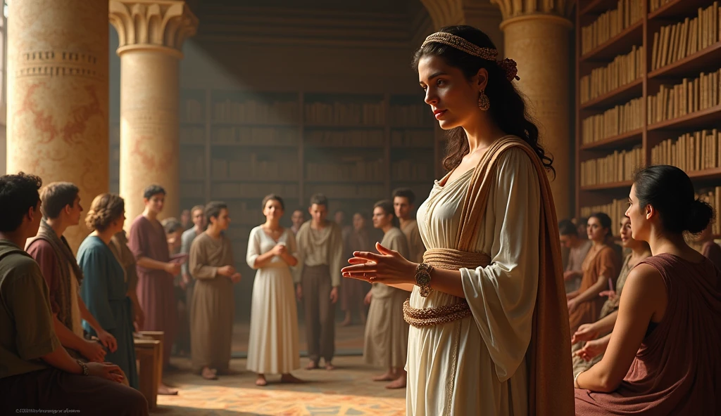 masterpiece, Hypatia, a renowned Neoplatonic philosopher, Astronomer, y mathematician, finds herself in the Great Library of Alexandria, around the year 395 AD.c.. This 25-year-old Greek woman, Thin and thin body, small breasts, caderas estrechas, depicted with striking beauty, passionately engages with her students. Her demeanor reflects her profound intellect as she lectures on complex philosophical concepts.. The vast shelves of scrolls and the architectural grandeur of the Alexandrian library form the backdrop., emphasizing her academic environment, 16k, ultra high resolution.photorealistic, HD, cRUDO, natural light, wide angle
