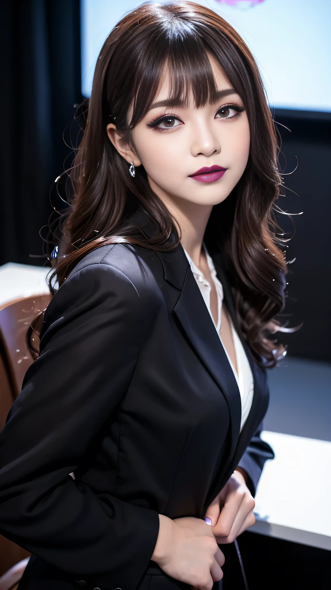 best quality、ultra-detailed、8k、Japanese、Seductive beauty、seductive adult woman、Pretty Woman、cool girl、smirk、Wicked Smile、Villainess、brainwash makeup、brainwash、Fallen into evil、Evil look、evil、Brown hair、wavy hair、swept bangs、dark makeup、piercing eyes、hollow eyes,half-closed eyes、Hollow Eyes、purple Eyeshadow、black lipstick、black lipglos、Purple Eyeshadow、black lipstick、black lip gloss、Dark Makeup、smirk、Whisper in my ear、business suit、black Jacket、white blouse、ribbon、flare skirt、pantyhose、night、inside darkroom、Kiss、I have lipstick、Are standing、Look、Offer、shoot from below