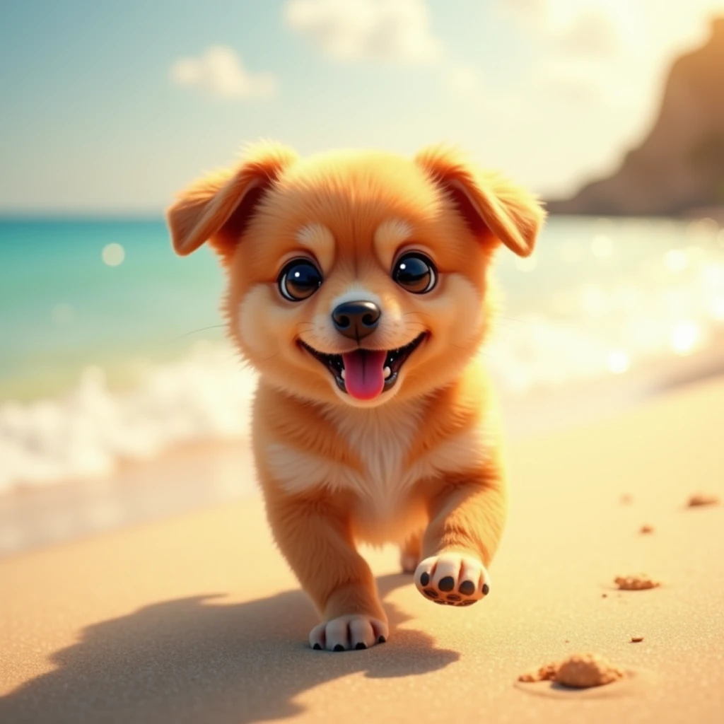 dog with caramel colored fur, joyful look, small size walking on the beach, afternoon sun, pleasant climate
