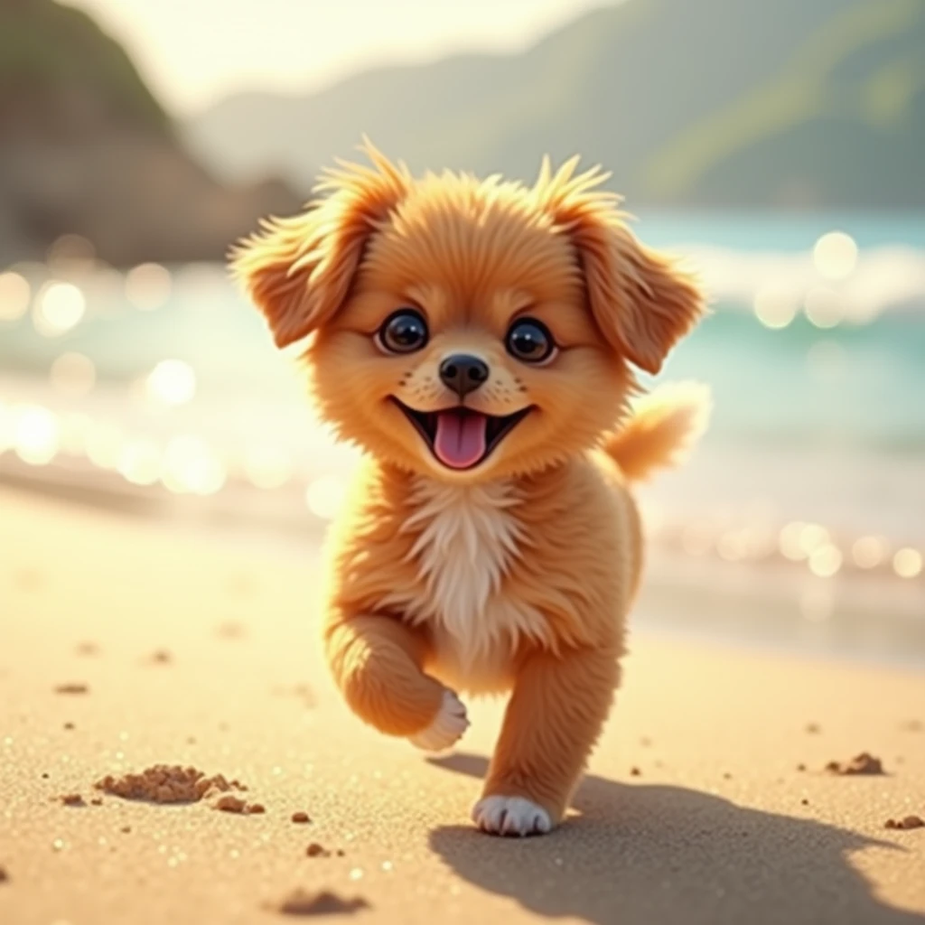 dog with caramel colored fur, joyful look, small size walking on the beach, afternoon sun, pleasant climate