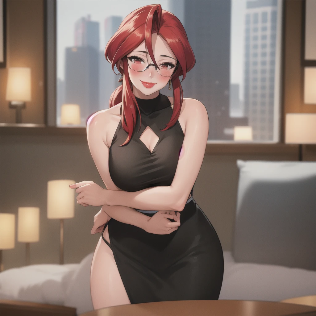 masterpiece, best quality, animeLorelei, red hair, red eyes, hair between eyes, glasses, elegant black dress, looking at viewer, smile, winter, table, Luxury apartment, black dress, sexy, nigth, Blush in the cheeks, Red lipstick