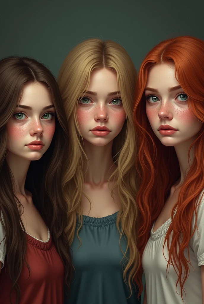 Three girls: the first one, brunette, has straight long hair, green eyes and a smile. The second one is a blonde, she has wavy long hair and hairbang, she is serious and have blue eyes. The tird one is a redhead, she has freckles and grey eyes. She is angry. All in a realistic RAW photo style