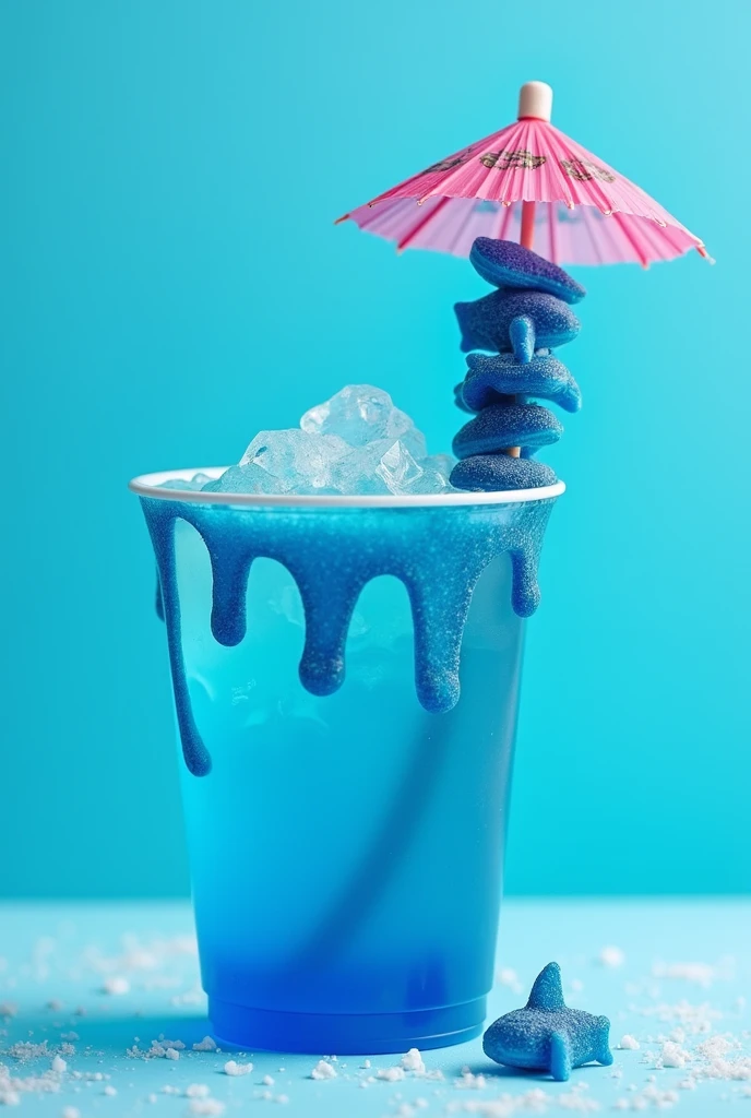 A clear plastic cup with blue chamoy on the edges and blue liquid inside.
Make the chamoy more abundant and let it drip more., add decoration like a mini umbrella and a stick with blue shark gummies, aesthetic image
