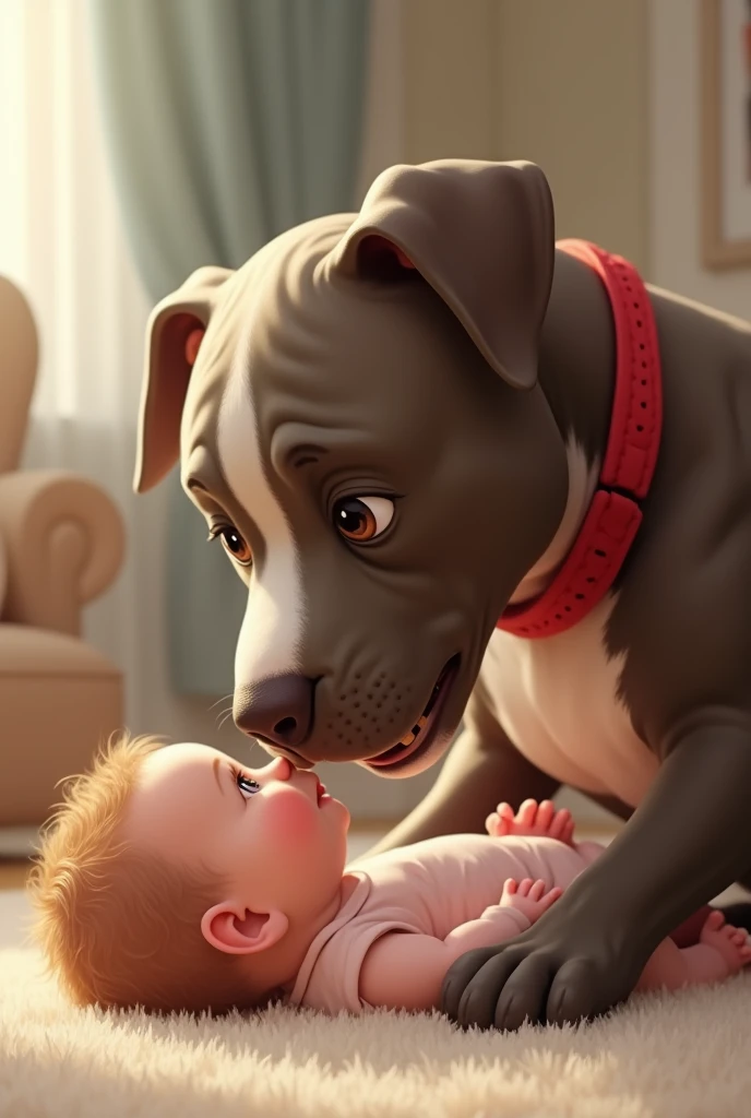 a pitbull with a red collar being friendly with a