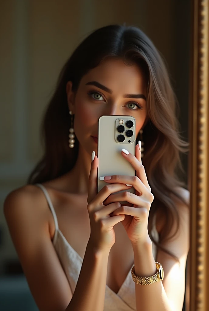Femme debout devant son miroir tenant son téléphone (iphone 13) in front of her face this woman is Spanish and Italian she lives in France brown hair blue eyes a small face and a magnificent body darker complexion and more formed eyebrows more beautiful eyelashes more tanned complexion white nails earrings in the shape of white pearls a vintage gold watch 