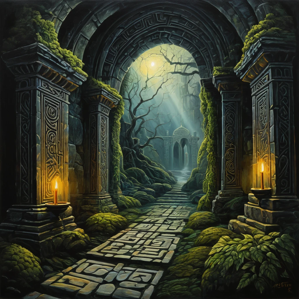 "Create an intricate and captivating visual representation of a labyrinthine world. The scene should feature a grand, ancient labyrinth with towering stone walls adorned with moss and ivy, twisting pathways, and hidden chambers. The environment should evoke a sense of mystery and wonder, with subtle hints of magical elements. The labyrinth should be illuminated by ethereal, glowing lanterns or torches casting enigmatic shadows. Incorporate fantastical details such as runes etched into the walls, elaborate archways, and enigmatic symbols to enhance the sense of adventure and exploration. The overall tone should be one of grandeur and enigma, drawing viewers into a world of timeless intrigue." acrylic painting, calm, majestic, desperate, unstoppable, digital painting, expressionism, dramatic, nostalgic memories, dark tones, gloomy, emotionally profound, epic scene, acrylic painting, lone tree, dark tones, uncomfortable atmosphere, intricately detailed art, surrealism, abstract, intricate brush strokes, intricate details, creative, expressive, detailed, colorful, digital art, dark, gloomy, expressionism, emotionally profound