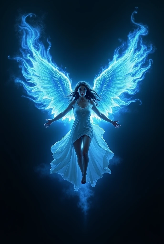 Woman flying with blue fire in the shape of wings behind her with her hands down and a completely black background