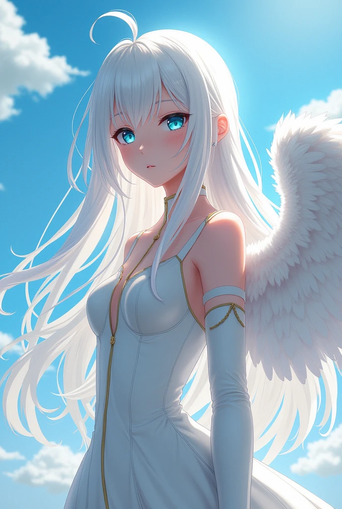 This is in My Hero Academia
The girl has long white hair, He has the eyes of an angel, blue with some light blue and slightly slanted eyes., She has porcelain skin, She has white wings, Her hero costume is like an angel's dress, quite long and the top is a bit low-cut but it has slightly long sleeves.