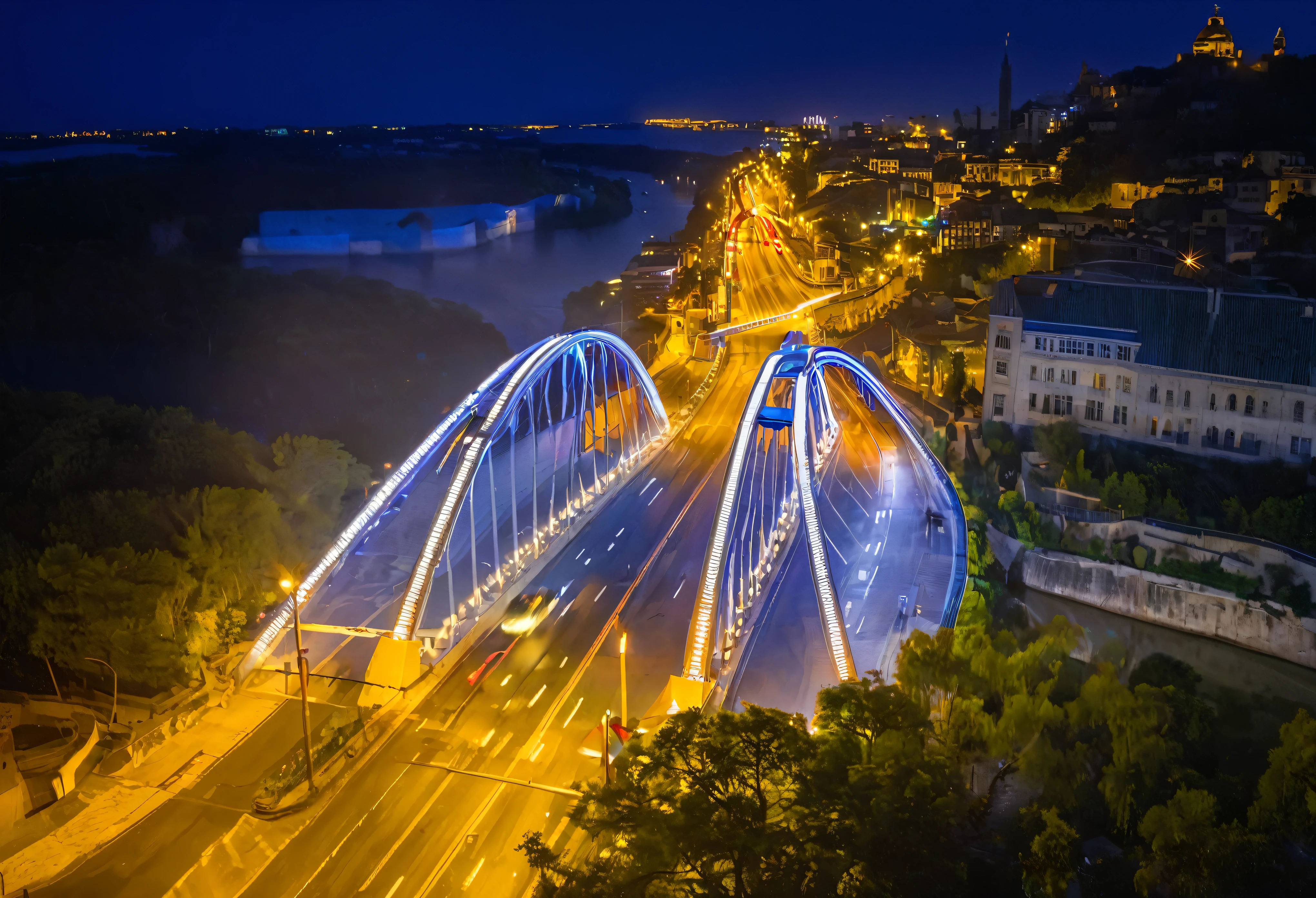 arafed bridge over a city street at night with a car passing by, glowing bridge crossing river, bridge, traffic with Light Trailss, curved bridge, riverside, Photos taken during Blue Hour, Night Shooting, Light Trailss, Watch from above, Vision, Lit from above, Photo showing, Leading, long exposure outside the city, Light Trails，National Geographic Photo, RAW photos，Best quality），（reality，Photo reality：1.3），masterpiece，Extremely exquisite and beautiful，high resolution，Original，Perfect lighting，Amazing